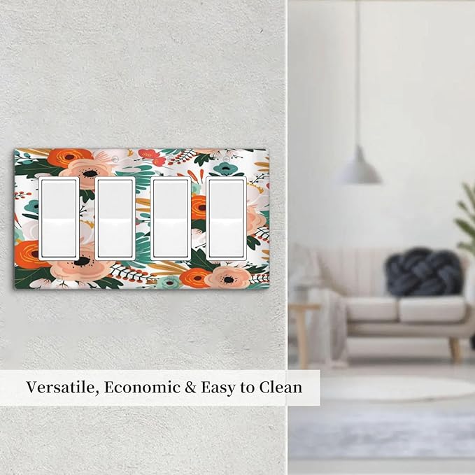 Rustic Floral Boho Colorful Flower 4 Gang Rocker Decora Light Switch Cover Outlet Covers Wall Plate Decorative Switchplate Electrical Faceplate GFCI for Farmhouse Bathroom Bedroom Kitchen Decor