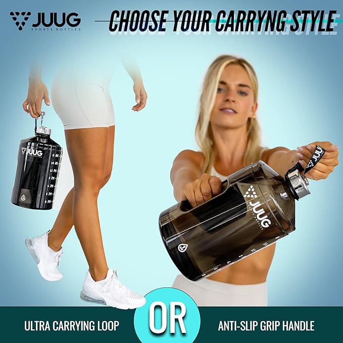 JUUG 1 Gallon Water Bottle with Times to Drink - Gallon Water Jug with Handle - 128oz Leakproof BPA Free Bottle for Gym Fitness- One Gallon Water Bottle with Motivational Time Markers