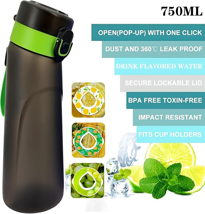 Air Water Bottle,750ML Scent Water Cup with 3 Flavour Pods,Leak Proof Sports Water Cup with Straw Suitable for Outdoor Sports,Gifts From Friends, Birthday Gifts (New Blackgreen + 3pods)