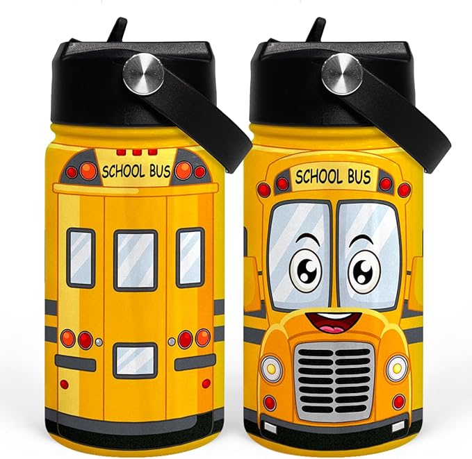 School Bus Water Bottle - Kids Water Bottle with Straw Lid - 12 Oz Insulated Stainless Steel Water Bottles for Toddlers Kid Boys - Travel Cup for School Sports