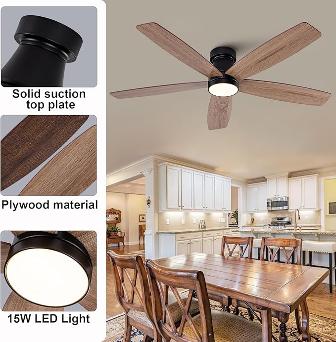 52 inch Ceiling Fans with Lights and Remote,Flush Mount Black Ceiling Fan,Memory Fuction Reversible Quiet DC Motor Low Profile Ceiling Fans For Living Room Bedroom Indoor Outdoor(Black Walnut)