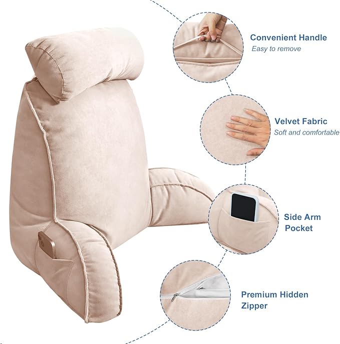 Reading Pillow for Bed Adult Size, Back Pillow for Sitting in Bed, Shredded Memory Foam Bed Chair Pillow with Arms, Pockets, Washable Cover (Pink, Large)