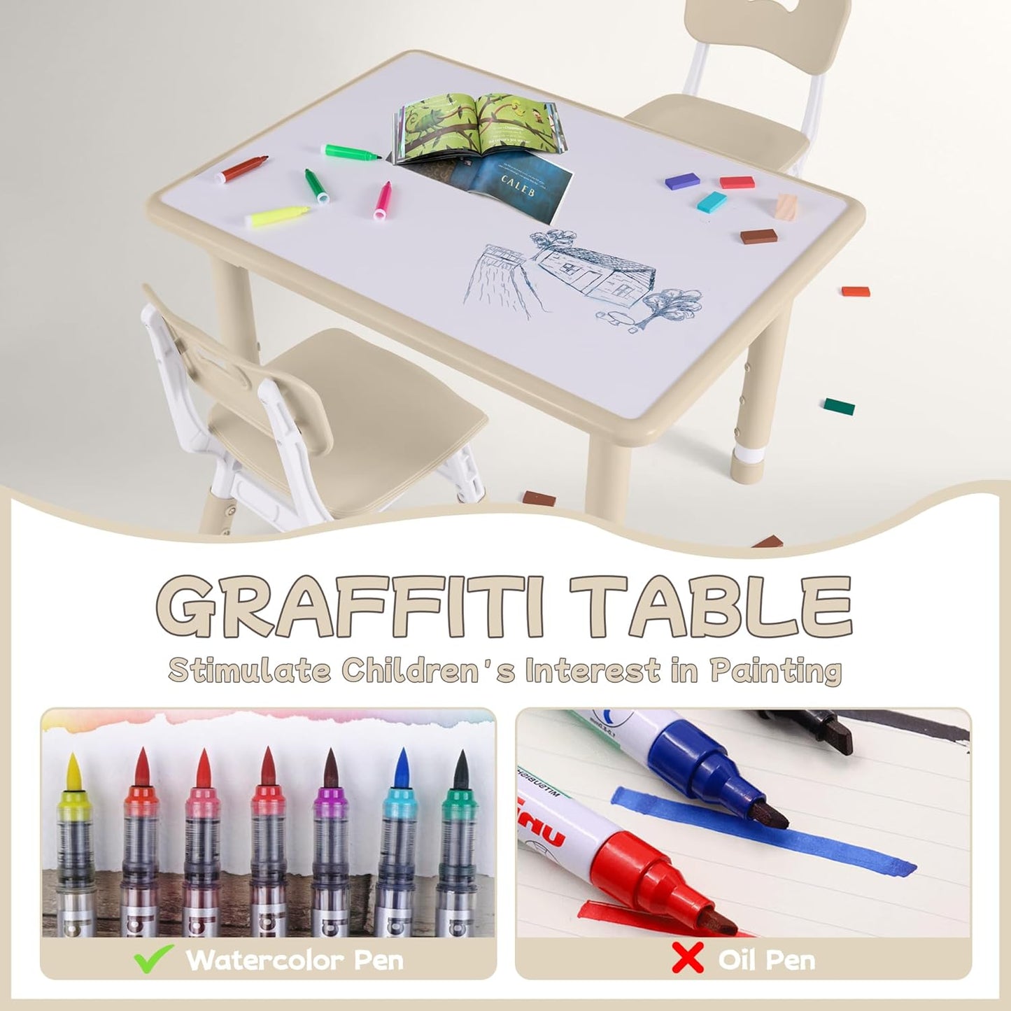 Toddler Table and Chair Set, Height Adjustable-Upgrade Kids Table and 2 Chairs for Ages 3-8, Multi-Activity Toddler Play Table with Graffiti Desktop for Home/Daycare/Classroom