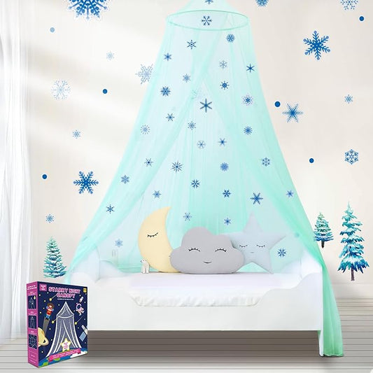South to East Bed Canopy for Girls with Glowing Snow in The Dark, Cyan Princess Bed Curtains for Kids Bed & Toddler Bed, Twin, Full & Queen Bed, Mosquito Net Canopy for Girls Bedroom