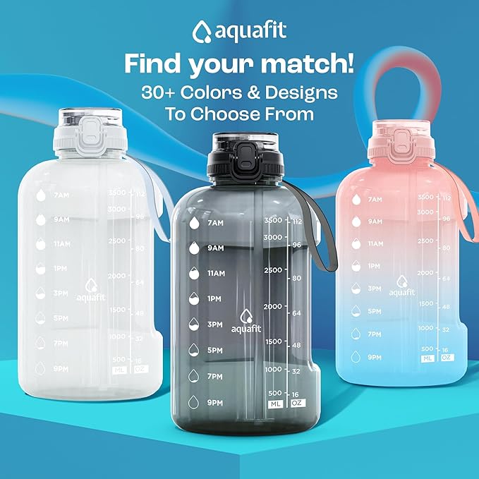 AQUAFIT 1 Gallon Water Bottle with Time Marker - BPA Free 128 oz Water Bottle with Straw, Gym Water Bottle with Handle, 1 Gallon Water Jug, Big Water Bottle, Large Water Bottle (Frosty)