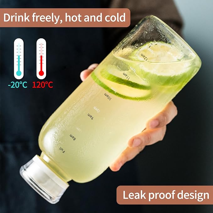 Glass water bottle With Time Marker -24oz with 2 caps and straw,Reusable Glass Drinking Bottles，Suitable For Drinks, Juices, Sodas, Coke, As Gifts Etc (24oz*2pcs)