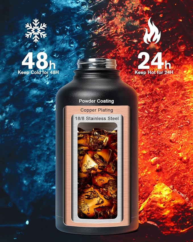 Half Gallon Water Bottle,64oz Insulated Water Bottle Stainless Steel Vacuum, Cold for 48 Hrs,BPA-Free & Leakproof -with Handle,Straw Spout Lids,Big Flask Jug for Gym Sports,Black without Pouch