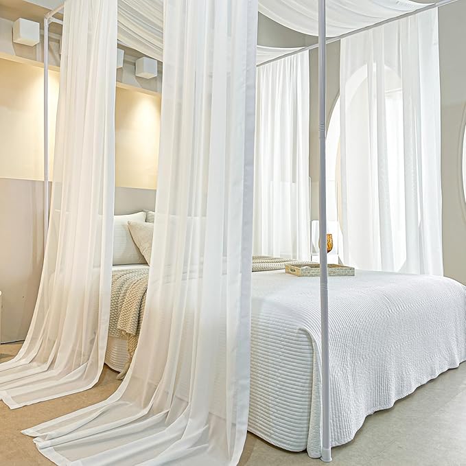 AIKASY White Bed Canopy Scarf for Full/Queen - Luxury Sheer Canopy Bed Curtains with Light - Suitable for Four-Poster Bed, Metal Bed Frame, Wood Bed Frame -2pic