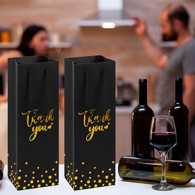 Ssyuysto 12 Pcs Wine Gift Bags for Wine Bottles Elegant Thank You Wine Gift Bags with Metallic Gold Foil Print Kraft Wine Gift Bags with Attractive Rope Handles for Wedding Bottle (Black)