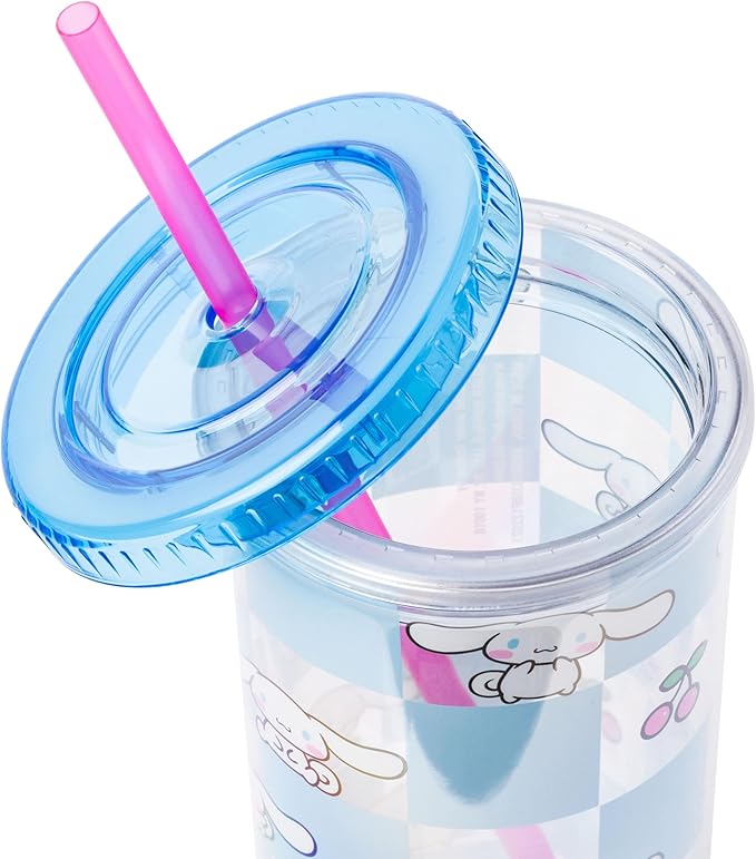 Silver Buffalo Sanrio Hello Kitty and Friends Cinnamoroll Cherry Blue Checkered Plastic Cold Cup with Lid and Straw, 20 Ounces