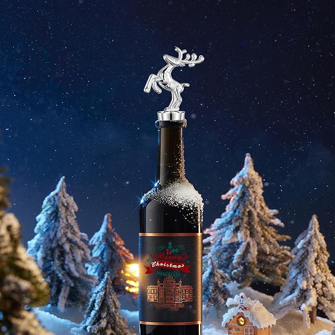 Christmas Wine Bottle Stoppers 5-Packs - Wine Saver Zinc Alloy Silicone, Reusable Leak Proof Keep Fresh Wine Corks, for Gifts, Bar, Holiday, Party, Wedding, Camping for Standard Bottle （Deer）