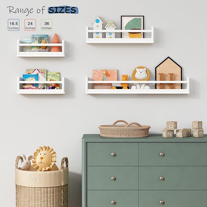 Large Nursery Book Shelves 36 Inches Long Set of 3, Modern Plate Shelf for Wall Display, Floating Shelves with Lip and Clothes Rod for Kids Bedroom Living Room Kitchen Bathroom (White)