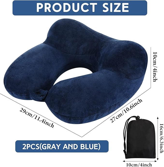 Sintuff 2 Pack Inflatable Travel Pillow for Airplanes Inflatable Neck Pillows with Compact Bag and Blindfold Soft Flight Pillow for Traveling, Airplane, Train, Car, Office(Gray and Blue)