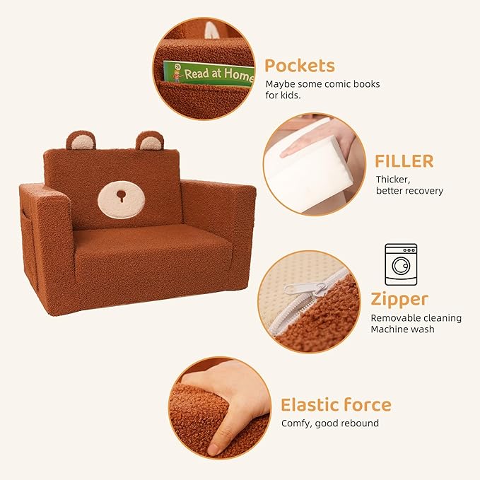 LonSEA Furniture, Teddy Bear, Baby Chair for Toddler, Toddler Bed, Convertible Sofa to Lounger - Comfy 2-in-1 Flip Open Couch/Sleeper for Kids, Toddler Cot, Brown