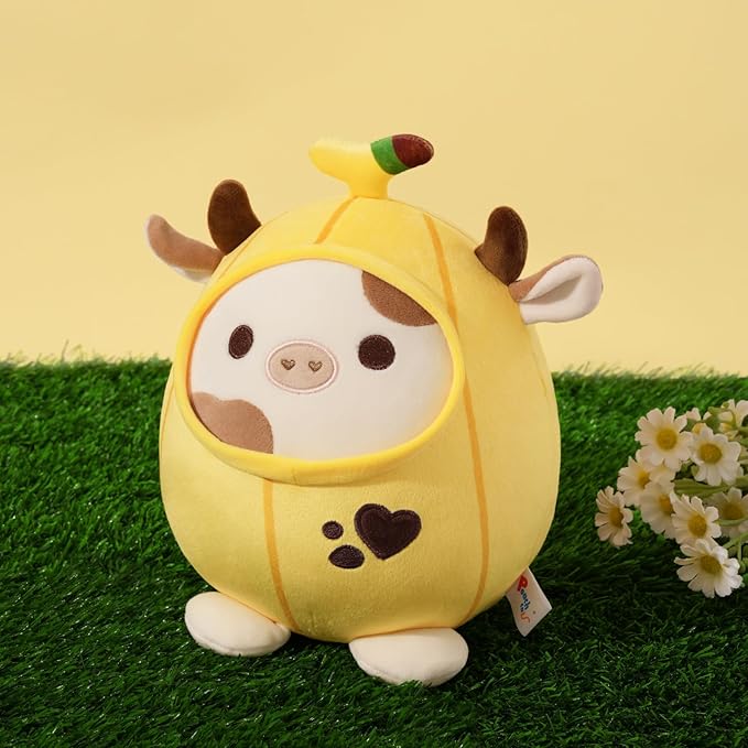PEACH CAT Cute Banana Cow Plush Pillow Banana Cow Stuffed Animal Cow plushie with Banana Outerwear for Kids Yellow 8"