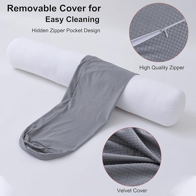 Body Roll Pillow for Adults, Bolster Pillow with Removable Velvet Cover, Long Round Cervical Maternity Pillow- 8” x 48”