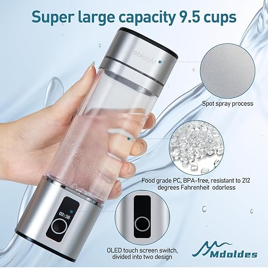 Hydrogen Water Bottle, Mdoldes, 6000ppb high Concentration Hydrogen Water, SPE/PEM Technology, Hydrogen Water Bottle Generator, Ion Water Bottle with LED Display, Best Gift 9.5 oz (Silver)