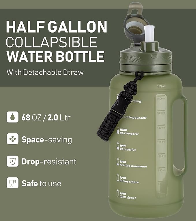 Large Collapsible Water Bottles 68oz, Leak Proof, BPA-Free, Foldable Gallon Silicone Water Jug with straw Time Marker Paracord Handle for Traveling, Hiking, Outdoors (Army Green)