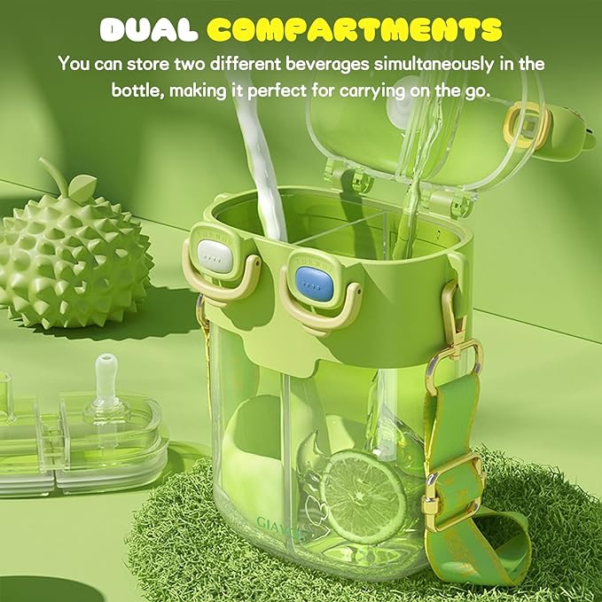 Cute Water Bottle for Kids: 26oz Kawaii Water Bottle for Girls, Funny Bear Water Bottles with Straw and Strap, Dual Compartments Leak-proof Plastic Drinking Cup for School Sport Travel (Green)
