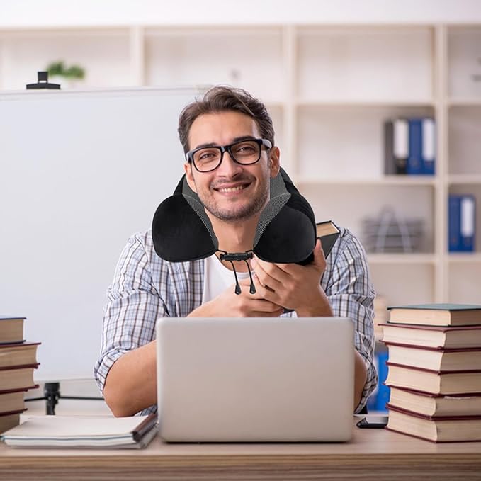 Pure Memory Foam Travel Pillow Set for Adults - Comfortable & Breathable Removable Cover, Airplane Travel Kit with Eye Mask & Portable Storage Bags for Plane Accessories - Black