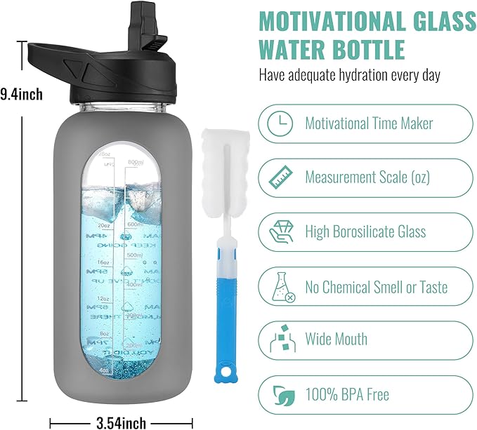 CIVAGO 32 oz Glass Water Bottle with Straw and Handle, Large Sports Motivational Water Bottle Flask with Time Marker and 2 Lids, Leakproof Water Jug Canteen with Silicone Sleeve for Gym,Gray