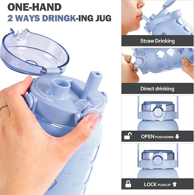 MUKOKO 56oz Glass Water Bottles with Straw and Lid,Motivational Water Jug with Time Marker Reminder and Silicone Sleeve,100% Leakproof BPA Free Fitness Sports Large Bottle-Light Blue