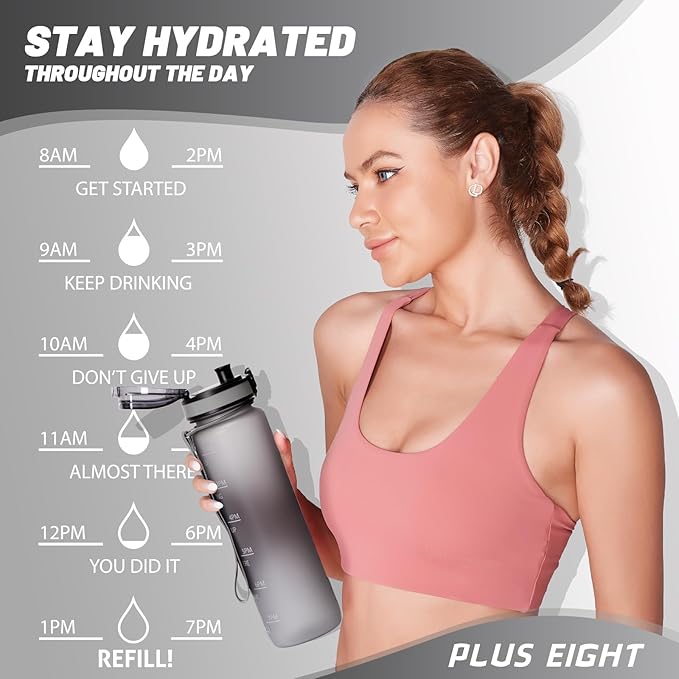 Sports Water Bottle, 32 oz Motivational Water Bottles with Time Marker to Drink, Leak-Proof Tritan BPA-Free with Carrying Strap for Women Men Gym Fitness Outdoor (Grey Matte)