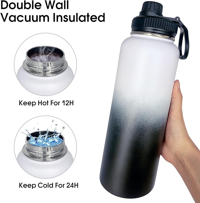 4pack 40 oz Insulated Water Bottle With Straw, Stainless Steel Sports Water Cup Flask with 2 Lids, Wide Mouth Travel Thermal Mug,Black white