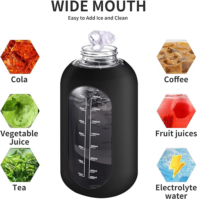 CIVAGO 64 oz Glass Water Bottle Jug with Straw and Handle, Half Gallon Sports Motivational Water Bottle with Time Marker and 2 Lids, Water Flask Canteen with Silicone Sleeve for Gym, Sage