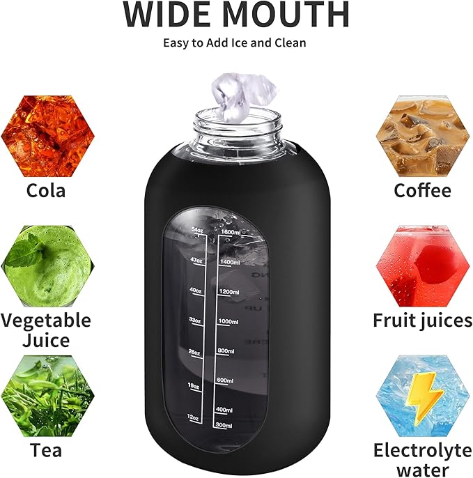 CIVAGO 32 oz Glass Water Bottle with Straw and Handle, Large Sports Motivational Water Bottle Flask with Time Marker and 2 Lids, Leakproof Water Jug Canteen with Silicone Sleeve for Gym, Sequin