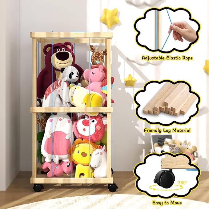 Stuffed Animal Zoo Storage Cage 35" Wood Large Stuffed Animal Storage Basket, PatioDeco Toy Storage for Big Small Stuffed Animals, Large Toy Organizer Holder for Kids Girls Boys