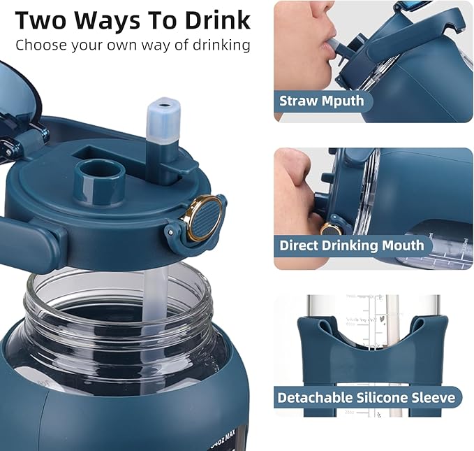 74 oz Glass Water Bolttles with Straw Large Motivational Water Bottle with Time Marker Sports Water Bottles with Silicone Sleeve and Handle Lid 2.2L Water Jug for Gym Workout