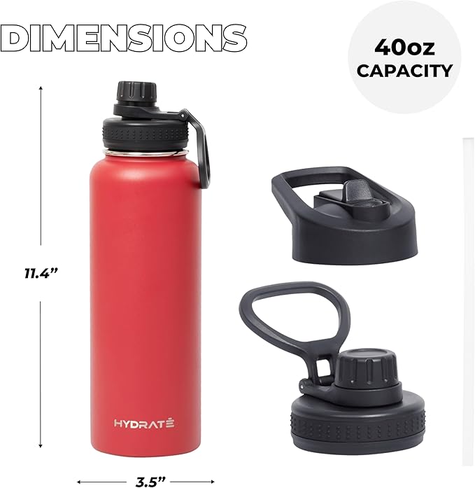 HYDRATE Insulated Stainless Steel Water Bottle - Large Reusable Flask with Leak-Proof Design and Convenient Handle - Double Vacuum Insulation for School, Work, or Adventure