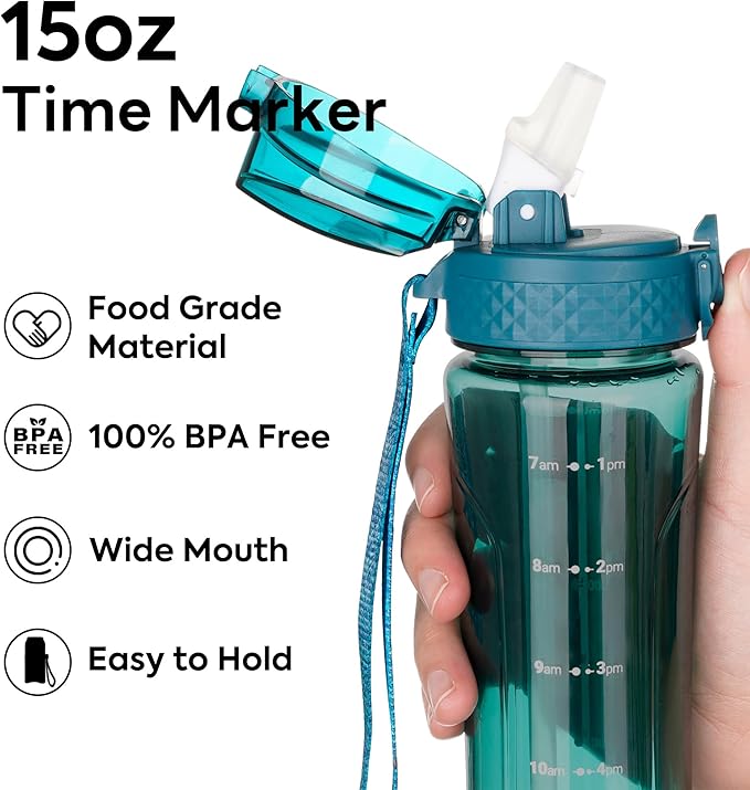 OLDLEY Kids Water Bottle with Straw 15 oz BPA-Free Leak-Proof Motivational Water Bottles with Time Marker for School Sports Travel Gym, Easy to Use for Girls Goys, 1 Straw Lid,Transparent-dark green