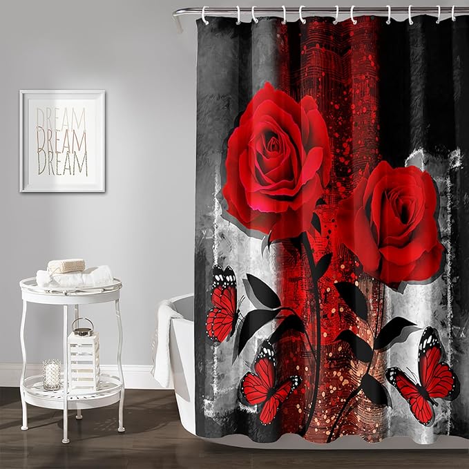 AILONEN Red Rose Shower Curtain for Bathroom, Romantic Rose Flower Bath Curtain,Grey Abstract Waterproof Floral Butterfly Print Shower Curtain Decoration with 12 Plastic Hooks, 72" W*72" H