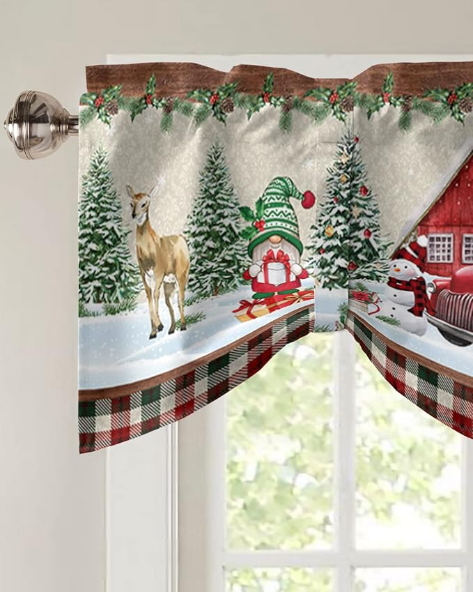 Christmas Farmhouse Blackout Tie Up Valance Curtains for Kitchen Windows Red Truck Gnomes Window Toppers Balloon Shades for Living Room/Bathroom/Bedroom,1 Panel,54" X 18" Winter Holiday Snowman