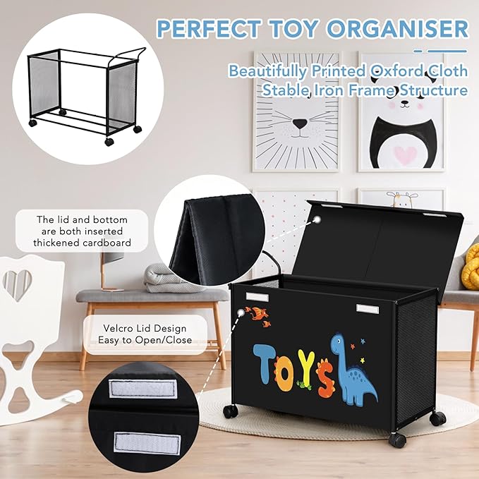 Toy Box Toy Storage - 72L Kids Toy Organizer with Wheels Toy Chest Bins with Lids, Toy Boxes for Girls Boys,Toddlers, Stuffed Animals, Living Room （Black）