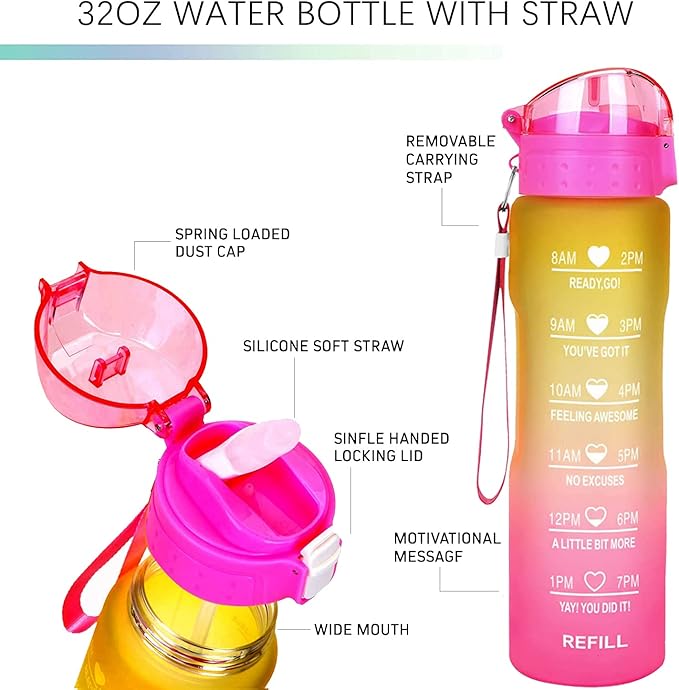 XACIOA Water Bottle with Straw,32oz Plastic Cup with Motivational Time Marker,1L Tritan Sport Lightweight Leakproof BPA-Free,Wide Mouth Fast Flow Ensure You Have Times to Drink,with Straw & Cup Brush