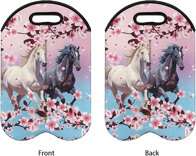 doginthehole Horse Print Wine Tote Neoprene Wine Carrier Bag with Handle Cherry Blossom Wine Bottle Holder Champagne Beer Bottle Sleeve Protective Travel Bag for Birthday, Wedding, Picnic Party
