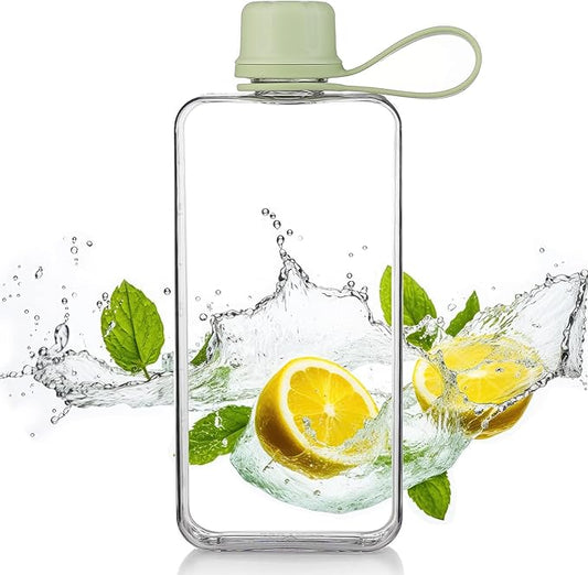 Tritan Transparent Flat Water Bottle samll Water Bottle Slim Square Pocket Bottle Water Flask, BPA Free/Slim Design/Leak Proof Water Bottle for Travel, Outdoor, Sports (Matcha Green, 400ML)