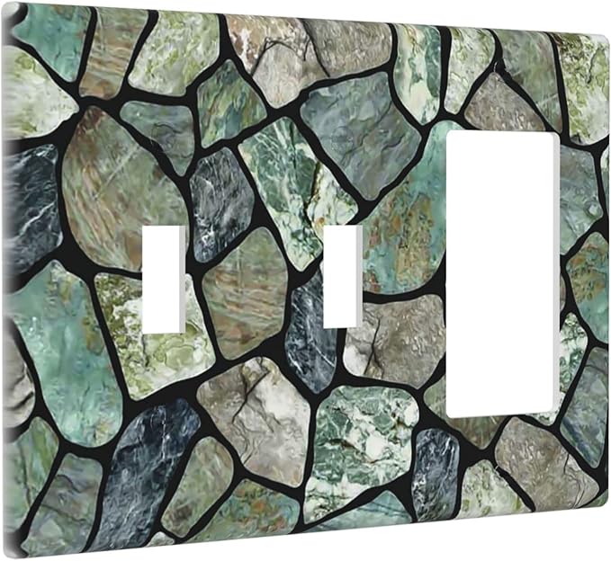 Green Stone Texture Combo 2 Toggle 1 Rocker Light Switch Wall Plate Cover Decorative 3-Gang for Electrical Outlets Room Bathroom Bedroom Home Kitchen One Decora Receptacle 4.5" x 6.38"