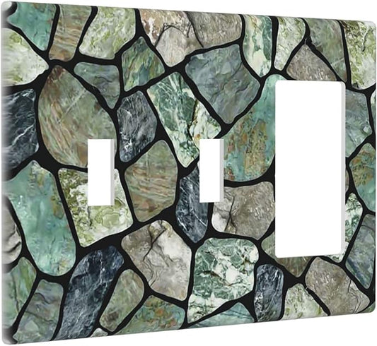 Green Stone Texture Combo 2 Toggle 1 Rocker Light Switch Wall Plate Cover Decorative 3-Gang for Electrical Outlets Room Bathroom Bedroom Home Kitchen One Decora Receptacle 4.5" x 6.38"
