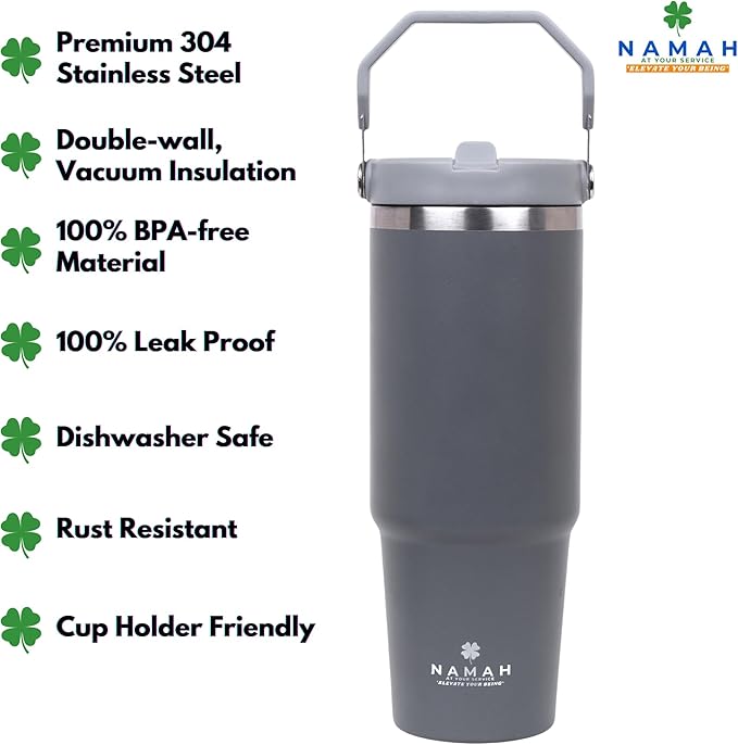 Tumbler with Handle & Extra Cloud LID – 30oz/900ml, Premium 304 Stainless Steel, Insulated Water Bottle, Leak-Proof, Steel Straw, Teddy Straw Cap, Cleaning Brush & Carabiner Hook (Stormy Slate Gray)