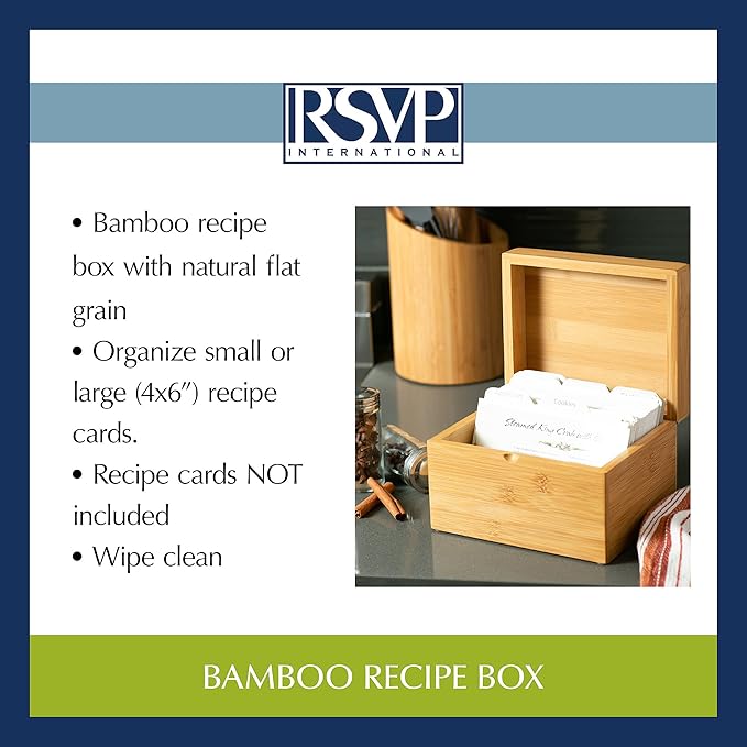 RSVP International Bamboo Collection Reusable and Biodegradable, Recipe Box, 7x5.6x4.5