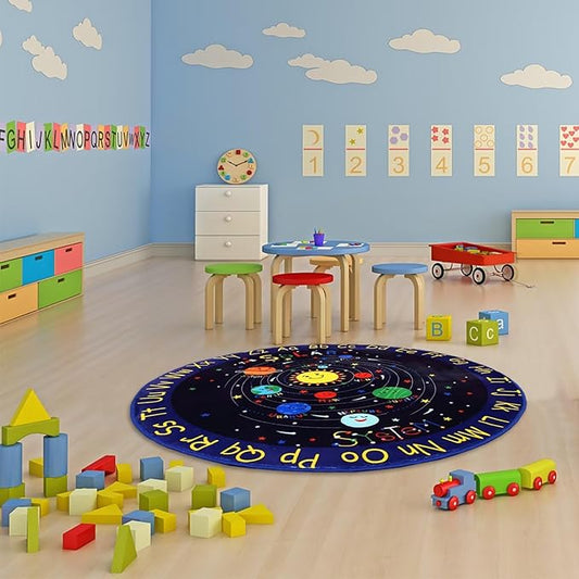 Kids Rug 4x4 Play Mats for Babies and Toddlers Kids Room Rug Play Mat for Children Toddlers,Circle Rug Kids Classroom Playroom Play Rug Round Rug Alphabet Nursery Area Rug