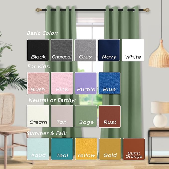 Mrs.Naturall Sage Green Curtains 96 Inches Long for Bedroom 2 Panels Set Blackout Light Blocking Insulated Thermal Curtains for Living Room 42x96 Inch Length