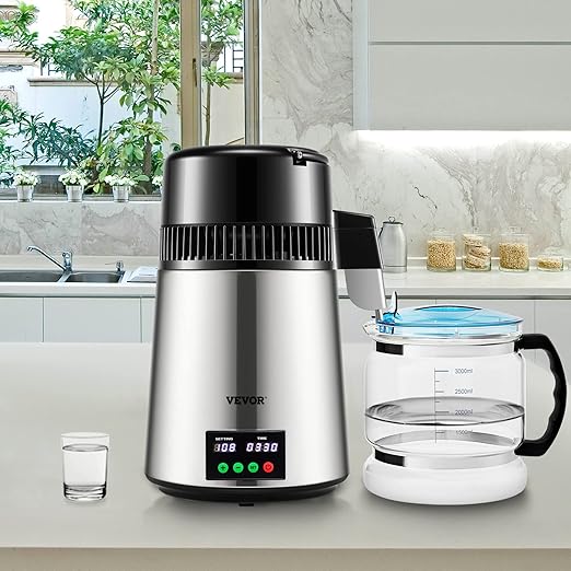 VEVOR 1.1 Gal Water Distiller, 0.3 Gal/H, Distilled Water Maker Machine, 750W, 304 Stainless Steel Countertop Distiller, Glass Carafe, Cleaning Powder, Carbon Packs, Silver
