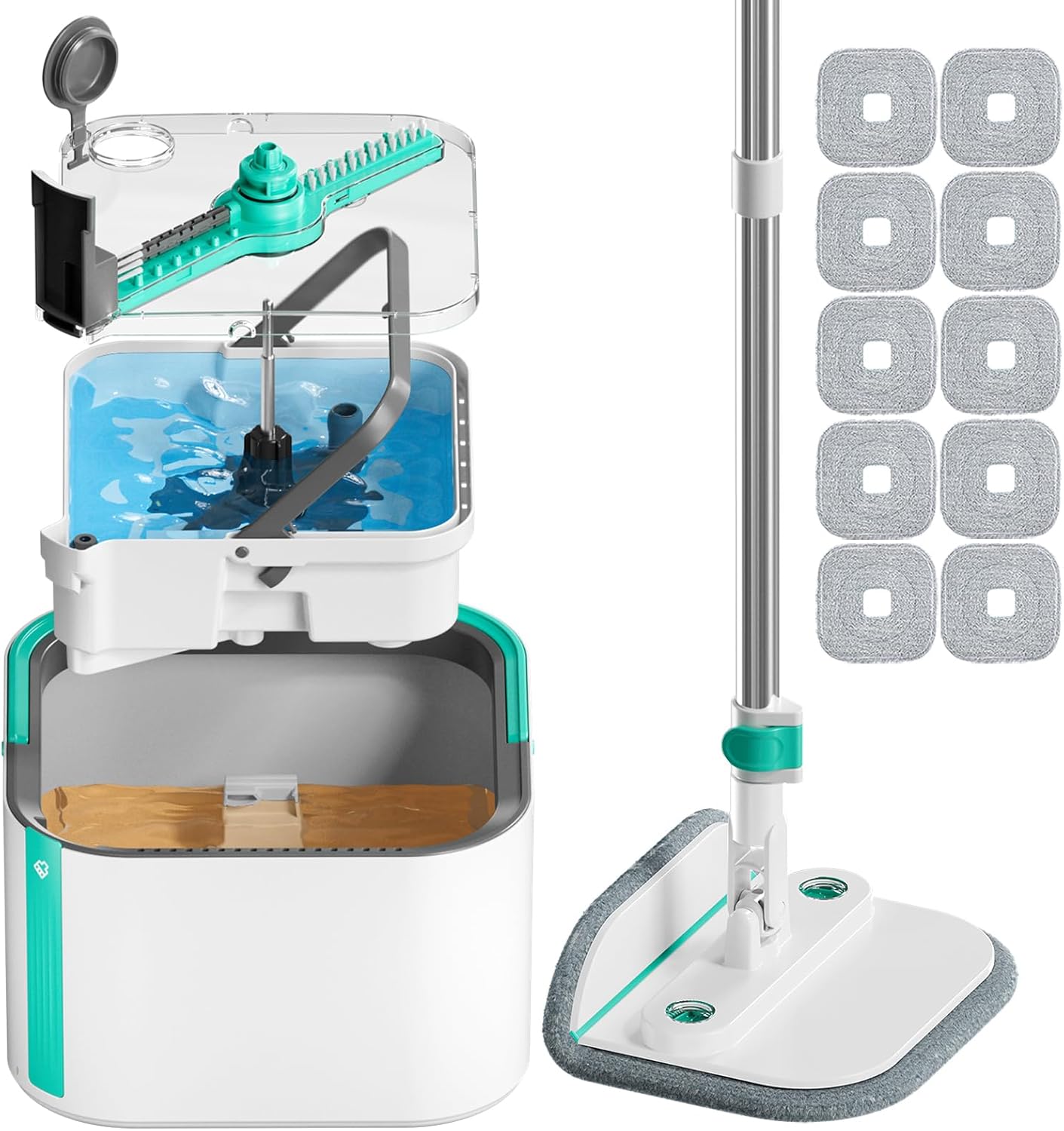 Upgraded Spin Mop and Bucket Self-Standing Mop Bucket Separate Dirty and Clean Water System Self Wringing 360° Rotating & 90° Foldabl Mops and Buckets for Floor Cleaning (Blue, 10Pads)