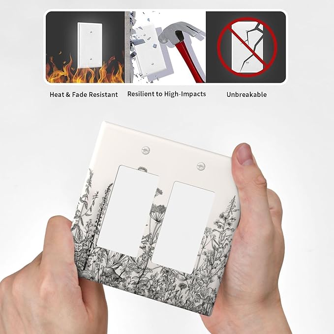 Vintage Grey Floral Herbs Wild Flowers Botanical 2 Gang Rocker Decora Boho Light Switch Covers Decorative Country Unique Dual Outlet Covers Wall Plate Electrical Faceplate Switchplate GFCI