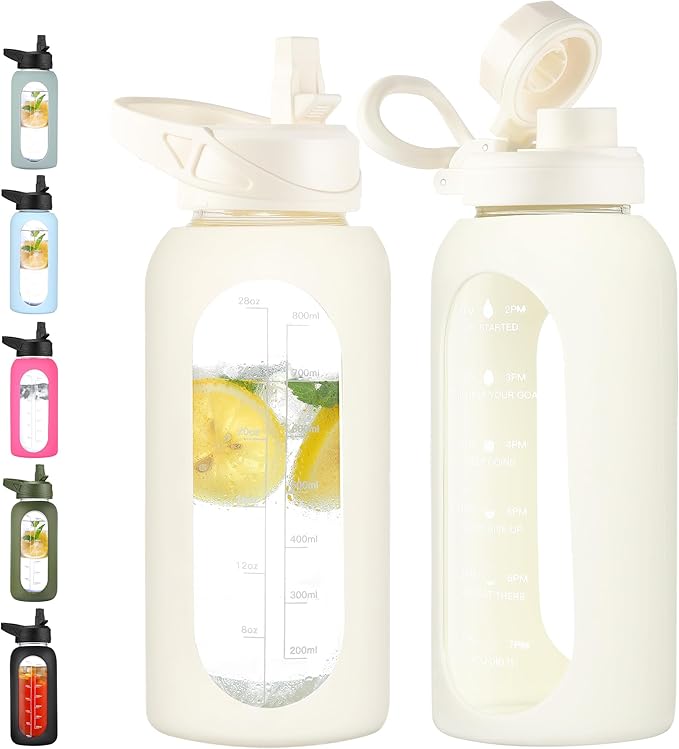 CIVAGO 32 oz Glass Water Bottle with Straw and Handle, Large Sports Motivational Water Bottle Flask with Time Marker and 2 Lids, Leakproof Water Jug Canteen with Silicone Sleeve for Gym,Cream